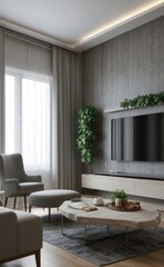 gray and marble luxury living room interior with sleek furniture and a vertical garden