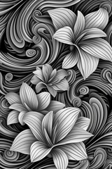 Large flower and leaves in illustration style, bold lines,black and white botanical art with shading