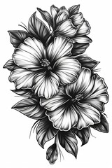 Large flower and leaves in illustration style, bold lines, black and white botanical art, isolated