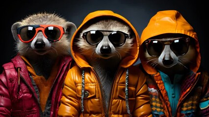Creative animal concept. Meerkat in a group, vibrant bright fashionable outfits isolated on solid background advertisement, copy text space. birthday party invite invitation banner
