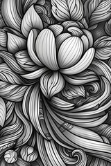 Large flower and leaves in illustration style, bold lines,black and white botanical art with shading