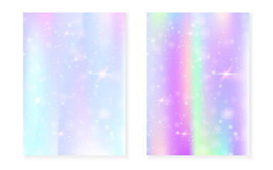 Unicorn background with kawaii magic gradient. Princess rainbow hologram. Holographic fairy set. Multicolor fantasy cover. Unicorn background with sparkles and stars for cute girl party invitation.