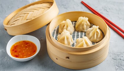 Chicken dimsum served in bamboo plate