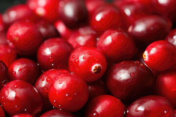 Red cranberries with drops background with copy space. Organic farm food, vegetarian, fresh market, healthy products. Macro, close up.