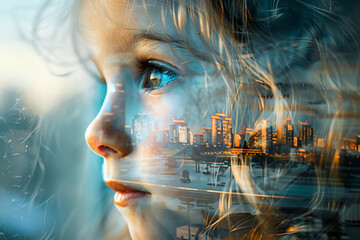 Double exposure of a child's face and a cityscape, symbolizing innocence and urban life. Ideal for...