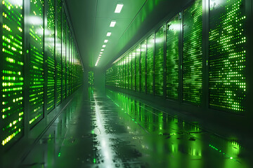 Futuristic data center corridor with glowing green server lights, representing advanced technology and data management. Ideal for tech themes, IT infrastructure, and cybersecurity visuals.