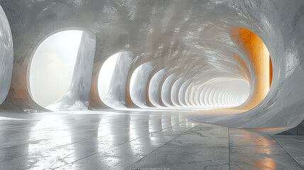 
Futuristic architectural tunnel with smooth curves and bright lighting, creating a sense of...
