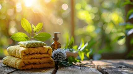 Natural spa setting with eco-friendly products on a wooden surface, surrounded by lush greenery.