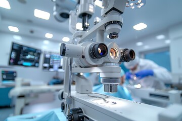 A surgical microscope in the operating room of a modern ophthalmological clinic. Vision correction,...