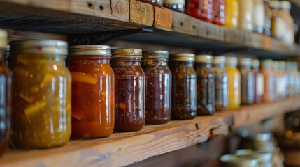 A shelf of neatly arranged mason jars filled with homemade stocks and sauces for added depth to the meal.