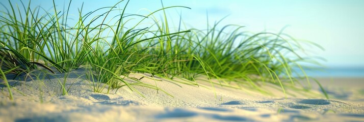 Fototapeta premium Grass Close. Summer Nature Scene with Green Grass on Sand Dune in Foreground