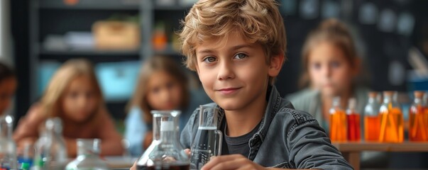 Boy in science class with flask