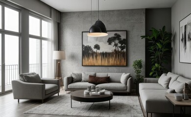 gray and marble luxury living room interior with sleek furniture and a vertical garden