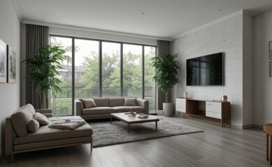 gray and marble luxury living room interior with sleek furniture and a vertical garden