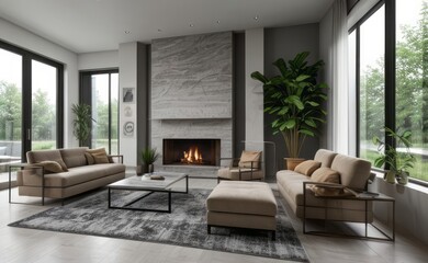 gray and marble luxury living room interior with sleek furniture and a vertical garden