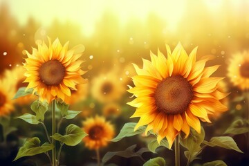 Obraz premium Beautiful rural landscape with vibrant sunflowers glowing in the warm golden hour sunlight, creating a serene and tranquil scenery in the countryside during the summer evening sunset