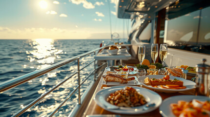 An exquisite dining setup on a yacht with a sunset backdrop, featuring seafood and champagne.