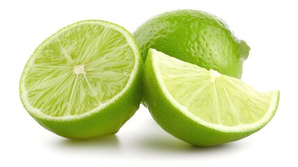 Sliced Fruit Isolated. Fresh Lime Cut in Half and Slices on White Background