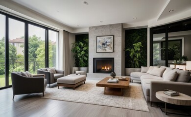 gray and marble luxury living room interior with sleek furniture and a vertical garden