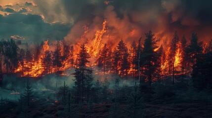 A wildfire raging through a forest, with smoke filling the sky,