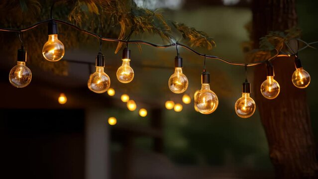 Decorative outdoor string lights hanging on tree in the garden at night time
