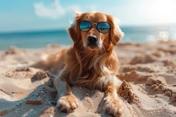 A funny dog lies on the beach by the sea wearing sunglasses.