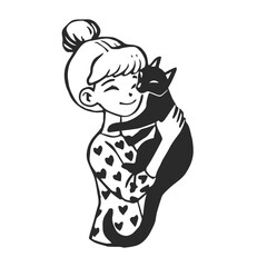 Vector hand-drawn illustration of girl hugged cat in linocut style. Love for a pet.