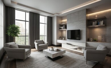 gray and marble luxury living room interior with sleek furniture and a vertical garden