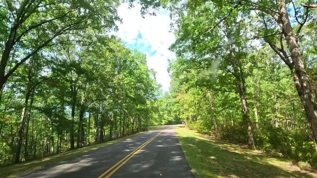 Driving along the Natchez Trace Parkway on a sunny day.
