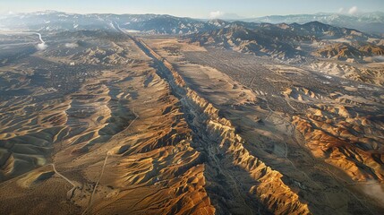 An aerial view of the San Andreas Fault, illustrating tectonic plate interaction,