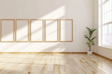 Obraz premium Blank Frames On Wall. Empty Picture Frames Decor on Wooden Gallery Wall