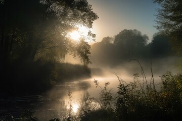 Naklejka premium Serene sunrise piercing through the mist over a calm river, surrounded by lush trees