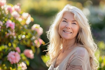 Senior Woman Smiling. Serene Mature Blond Woman in Garden Portrait
