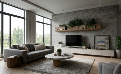 gray and marble luxury living room interior with sleek furniture and a vertical garden