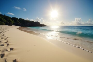 Peaceful beach scene with sun setting over the ocean, creating a warm glow on the sand