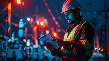 Industrial worker in reflective gear using a tablet at a brightly illuminated oil and gas facility at night.
