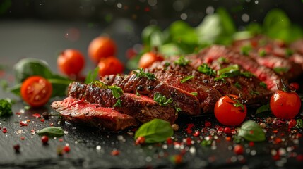 Falling steak salad ingredients, sliced beefsteak, food packaging concept isolated on a transparent background. 