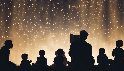 A man, silhouetted against the light, reads a story to a crowd of children.

