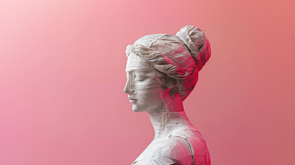 An antique female statue isolated on a pink background with the face made of the newspaper