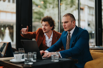 Two business professionals collaborating on a laptop in a modern cafe, discussing strategies and ideas for their project.