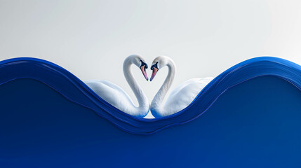 Two swans in love on the beach, minimal concept, view from above