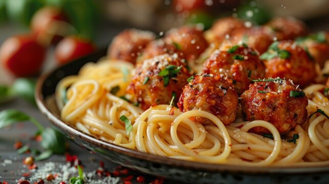 Falling ingredients spagetti presto, sliced meatballs, food packaging concept isolated on a transparent background.