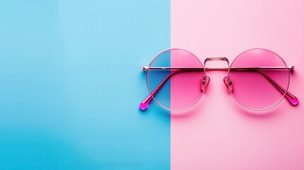 Glasses on pink blue pastel background. Minimal style, copy space