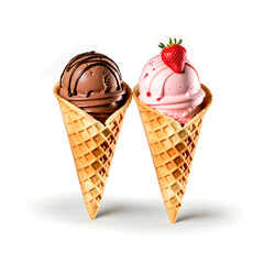 ice cream with chocolate, vanilla and strawberry in a waffle cone on a white background