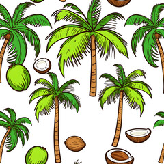 illustration of green coconuts and palm trees on a white background