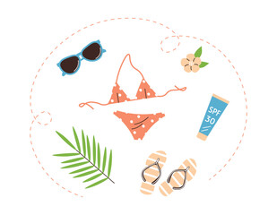 Women beach items. Female clothing. Sunscreen, bikini, sunglasses. Summer clothes for beach holiday. Flat vector illustration isolated on white background.