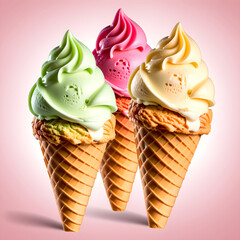Three ice cream cones with different flavors on a pink background