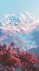 Mountains with trees and snow on them in a pink hue