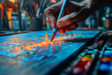 A graphic designer creating visually stunning illustrations, blending artistry with digital technology. Concept of graphic creativity and design. Generative Ai.