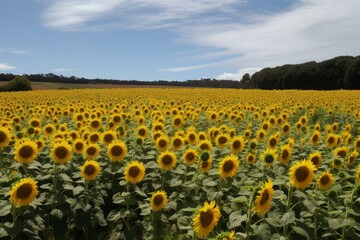 Expansive sunflower field with sunny skies evokes a sense of summer and natural beauty